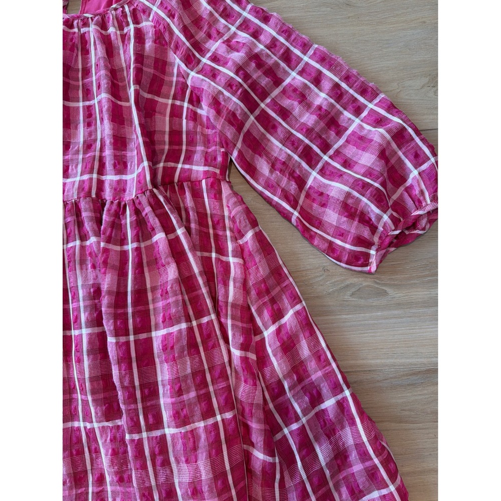 Madewell Pink Plaid Dobby‎ Babydoll Mini Dress Balloon Sleeve Tie Back Size S - Picture 3 of 6